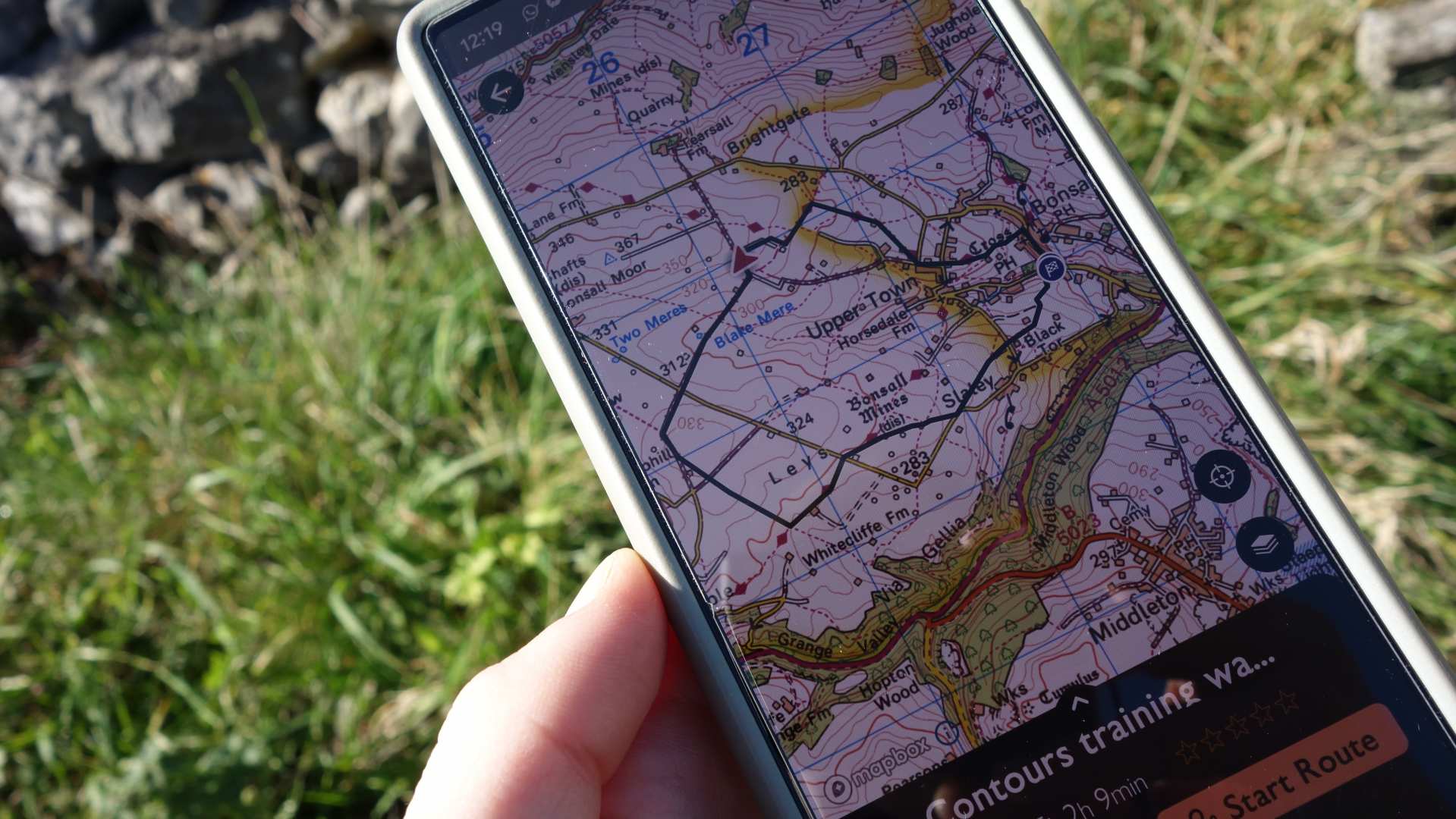 The Contours Training Walk displayed as a GPS route on a phone