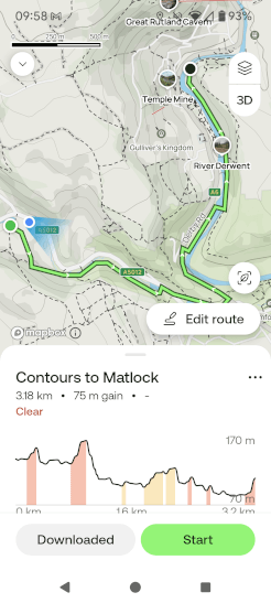 The AllTrails navigation app shows a GPX file overlaid on its mapping, with distance and route profile clearly displayed.