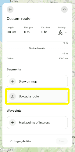 A screenshot of AllTrails Custom route panel with the GPX upload button highlighted.