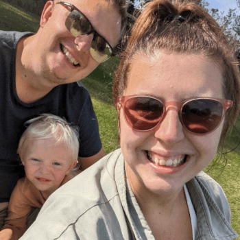 Becky, finance and support administrator at Contours, with her partner and child.