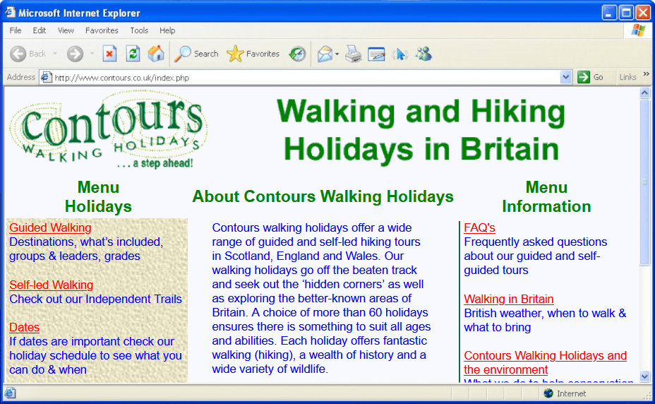 A screenshot of the early Contours Holidays website, as seen through an old version of Internet Explorer. The webpage is virtually unstyled, with a white background, three columns and blue text.