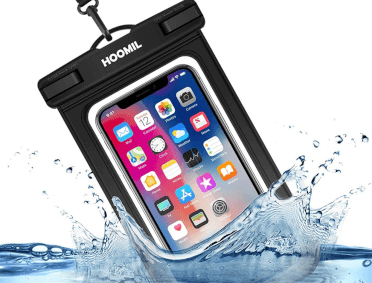A phone in a black waterproof phone pouch is immersed in water.