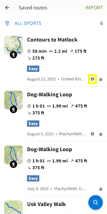 A list of the user's saved GPS routes within the Komoot app. The download icon, which indicates a trail has been downloaded for offline use, has been highlighted in yellow.
