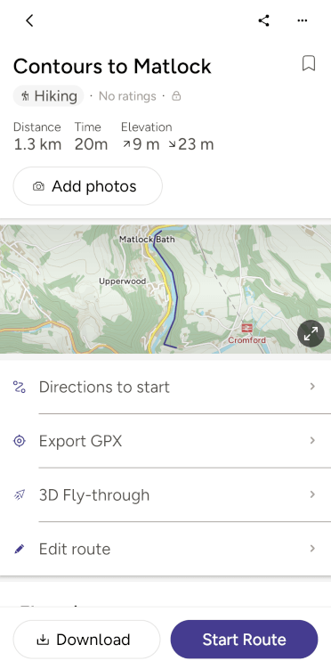 A GPS route selected on the OS Maps app. Tap Download to save the file for offline use or Start Route to begin navigating along it in real time.