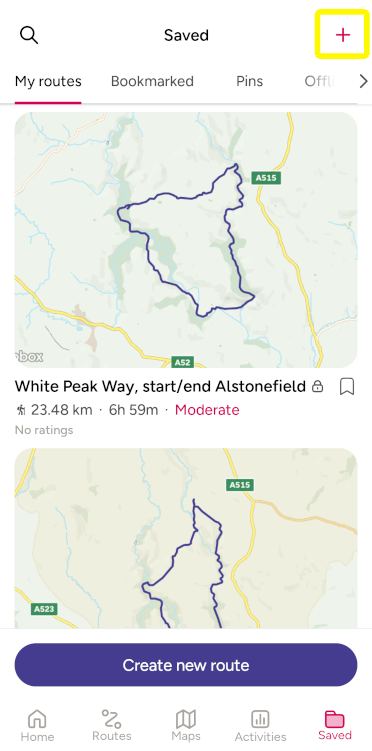 A screenshot of the saved screen on the OS Maps app, with the + sign highlighted in yellow.