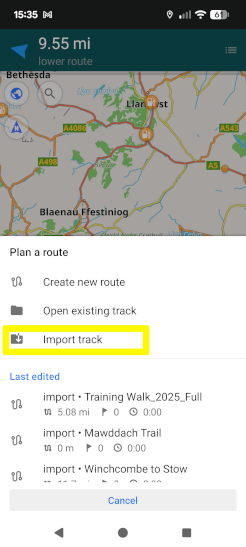 A screenshot of OsmAnd's Plan a route menu with the Import track option highlighted in yellow