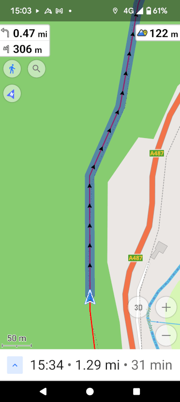 A shot of OsmAnd's active navigation view, with the user and trail displayed alongside time, distance and elevation.