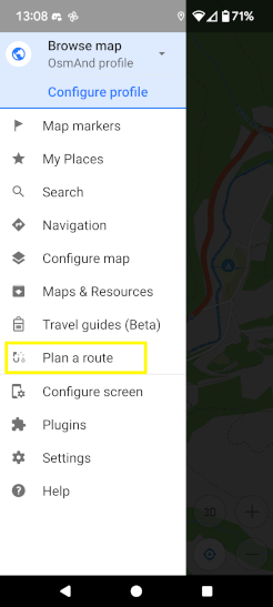 A screenshot of the pull-across menu on OsmAnd with the Plan a Route option highlighted in yellow.