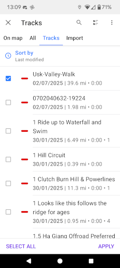 A screenshot of the list of GPX files available to show on the OsmAnd map, with checkboxes beside each and the Apply option in the bottom-right-hand corner.