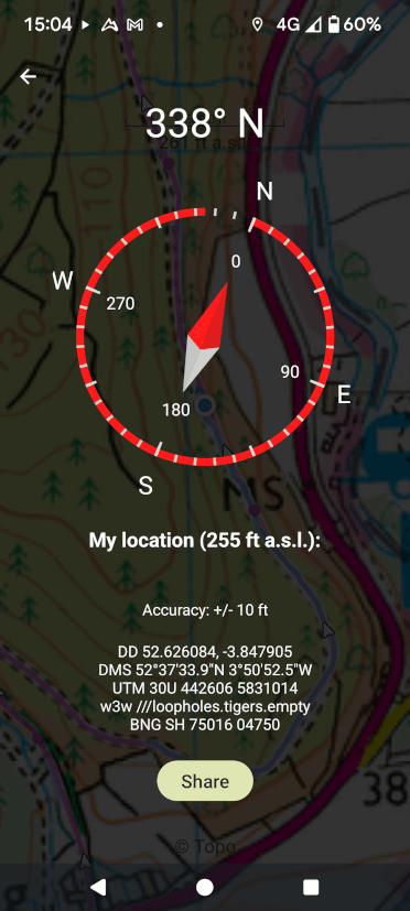 A screenshot of OutdoorActive's location feature, showing a compass bearing and a series of locations, including latitude and longitude and what3words designation.