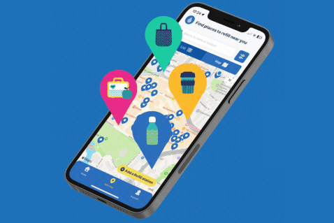 A stylised picture of a phone using the Refill App to find places happy to fill reuseable bottles and lunch boxes.