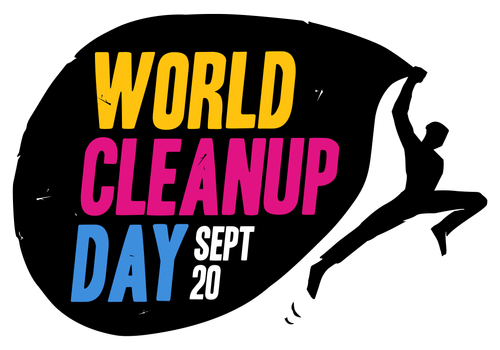 The logo of World Cleanup Day: a stylised silhouette of a leaping figure pulling a huge rubbish bag behind with text overlaid: WORLD CLEANUP DAY, 20TH SEPTEMBER.