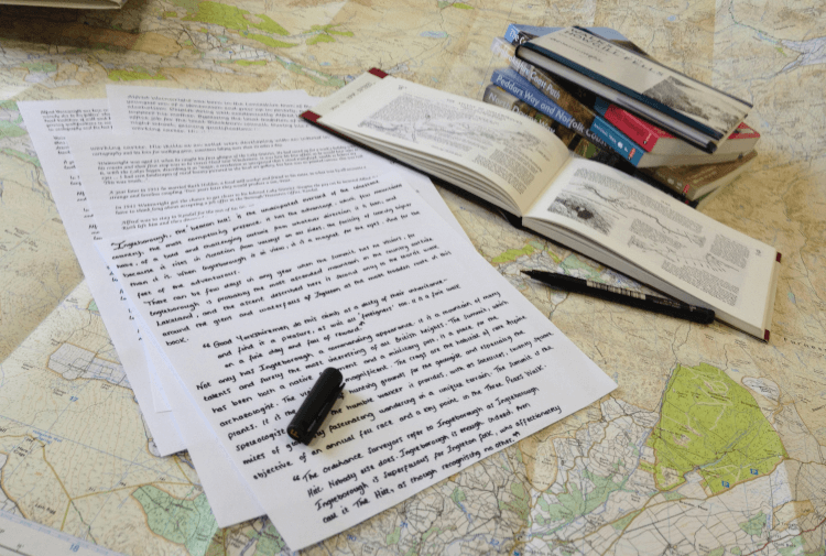 A handwritten sheet of directions lies on an Ordnance Survey map, depicting an early Contours self-guided walking holiday.