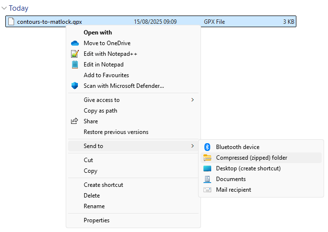 A screenshot of the flyout menus you must navigate to send your GPX files to a compressed .zip file.